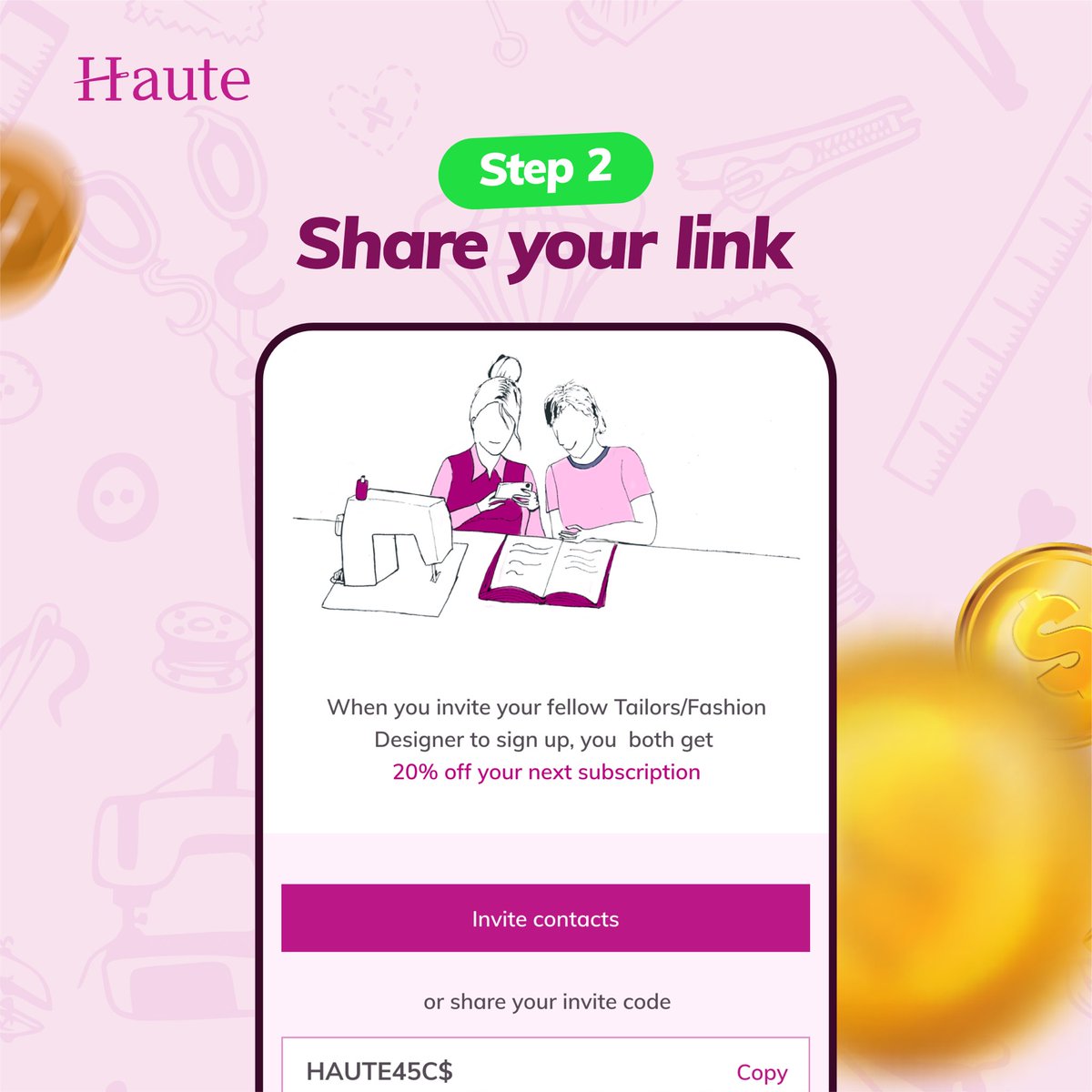 HauteApp's tweet photo. Here’s how you can earn from sharing Haute App Tap “Invite friends” inside the app and share your invite code to get 20% off your next subscription. 
Simple. Rewarding. Effective.

#hauteapp #productivity #appfortailors #appforfashiondesigners #HauteTips #ReferralMarketing https://t.co/TgP9qMR4bS