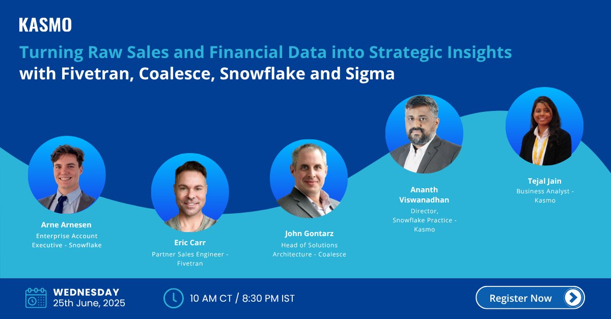 Kasmodigital's tweet image. Going live June 25!
 
Join Kasmo, Fivetran, Coalesce.io, Snowflake &amp;amp; Sigma to learn how to turn your complex SAP data into real-time, actionable insights for your sales &amp;amp; finance teams.
 
Register now: tinyurl.com/nhsytk6n

#Kasmo #Snowflake #Sigma #Fivetran
