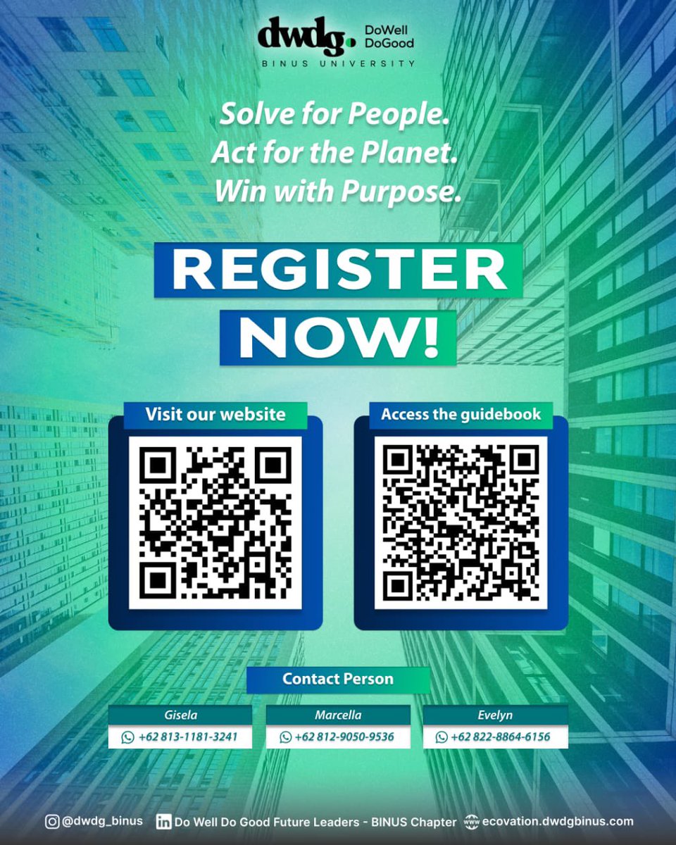 🌱 Business Case Competition: EcoVation 2025 is FINALLY HERE! 🚨

For more important details, visit our website:
ecovation.dwdgbinus.com

Follow us at Instagram:
instagram.com/dwdg_binus

Here are some quick links for you:
Guidebook: ecovation.dwdgbinus.com/guidebook
Register Here: