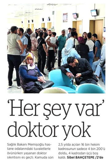 Erdem Temek (@erdemtemek_) on Twitter photo Bir Gün Gazetesi'nin bugünkü manşeti:
Kamuda son 2.5 yılda açılan 16 bin hekim kadrosunun sadece 4 bin 200'ü doldu. 4 kadrodan 3 boş kaldı.
<a href="/sibelbhctp/">Sibel Bahçetepe</a> Bir Gün Gazetesi'nin bugünkü manşeti:
Kamuda son 2.5 yılda açılan 16 bin hekim kadrosunun sadece 4 bin 200'ü doldu. 4 kadrodan 3 boş kaldı.
<a href="/sibelbhctp/">Sibel Bahçetepe</a>