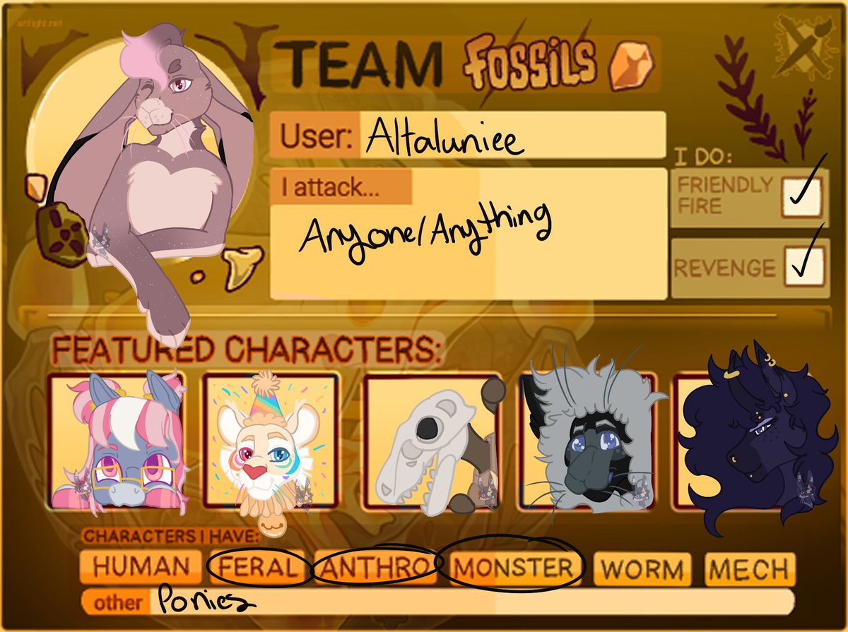 WOO let's go team Fossils!!!
artfight.net/~Altaluniee

#artfight #artfight2025 #artfightteamfossils