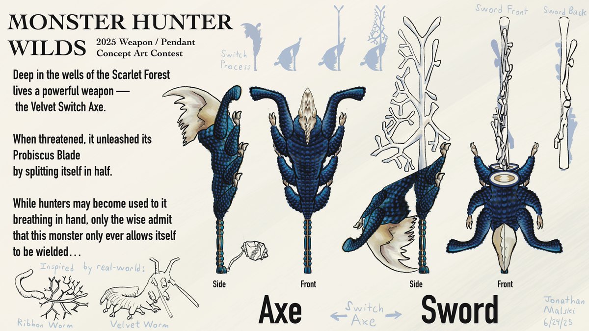jonathanmalski's tweet photo. Velvet Switch Axe
An unexpected and unnerving, living weapon inspired by real-world Velvet &amp; Ribbon Worms!
Jonathan Malski

(Jesus made fascinating creatures—why not hunt monsters with them!)

"Thank you" to the gentleman who informed me of this contest!
#WeaponEntry #MHWilds https://t.co/G2VNeIbqIl