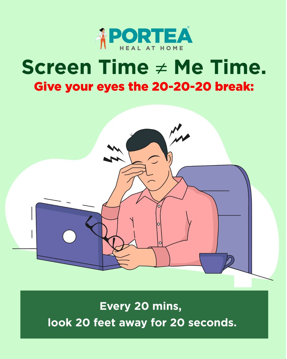 👀 Eyes tired from screen time?
Follow the 20-20-20 rule:
Every 20 mins, look 20 feet away for 20 secs.
Your eyes will thank you. 💙
#PorteaCares #20Rule #DigitalWellness