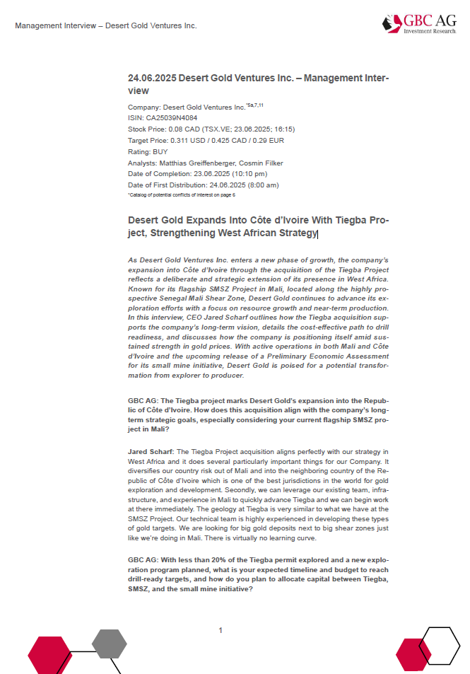 GBC_Research's tweet image. @DesertGoldVentr (#DAU) #EquityResearch #ManagementInterview english rating: buy target price: 0,29€ "Strengthening West African Strategy" #SmallCaps #Börse #Aktie #Research #Commodities t1p.de/jbw5s