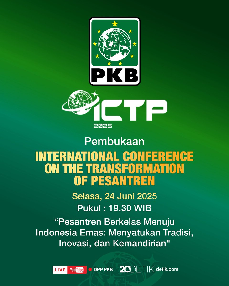 Ratusan perwakilan pesantren hadir dalam ICTP 2025 yang digelar DPP PKB di Jakarta. Konferensi ini membahas masa depan pesantren dalam menjawab tantangan global menuju Indonesia Emas.

📍 Hotel Sahid, 24–26 Juni 2025
🎥 Saksikan dokumentasinya di YouTube DPP PKB

#ICTP2025
