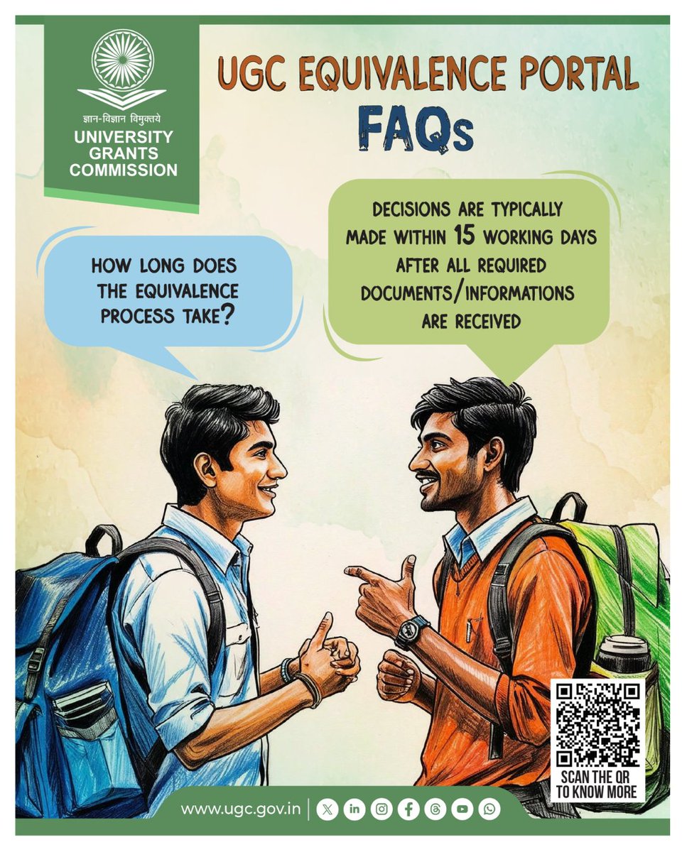 ugc_india's tweet photo. ๐ FAQs on UGC Equivalence Portal
How long does the equivalence process take?
Decisions are typically made within 15 working days after all required documents and information are received.
๐ Visit https://t.co/Y5nmKAVXOS to know more!
#UGC #ForeignQualification #UGCEquivalence #StudyAbroad #HigherEducation #UGCUpdates