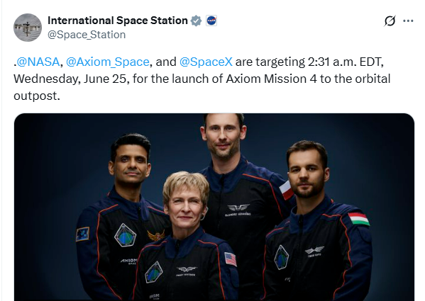 Akashvani News Jammu (@radionews_jammu) on Twitter photo Indian astronaut Shubhanshu Shukla's Axiom-4 mission to the International Space Station is now targeting a launch tomorrow, June 25.
#Axiom4 #ShubhanshuShukla #NASA <a href="/airnewsalerts/">All India Radio News</a> <a href="/Space_Station/">International Space Station</a> <a href="/DrJitendraSingh/">Dr Jitendra Singh</a> Indian astronaut Shubhanshu Shukla's Axiom-4 mission to the International Space Station is now targeting a launch tomorrow, June 25.
#Axiom4 #ShubhanshuShukla #NASA <a href="/airnewsalerts/">All India Radio News</a> <a href="/Space_Station/">International Space Station</a> <a href="/DrJitendraSingh/">Dr Jitendra Singh</a>
