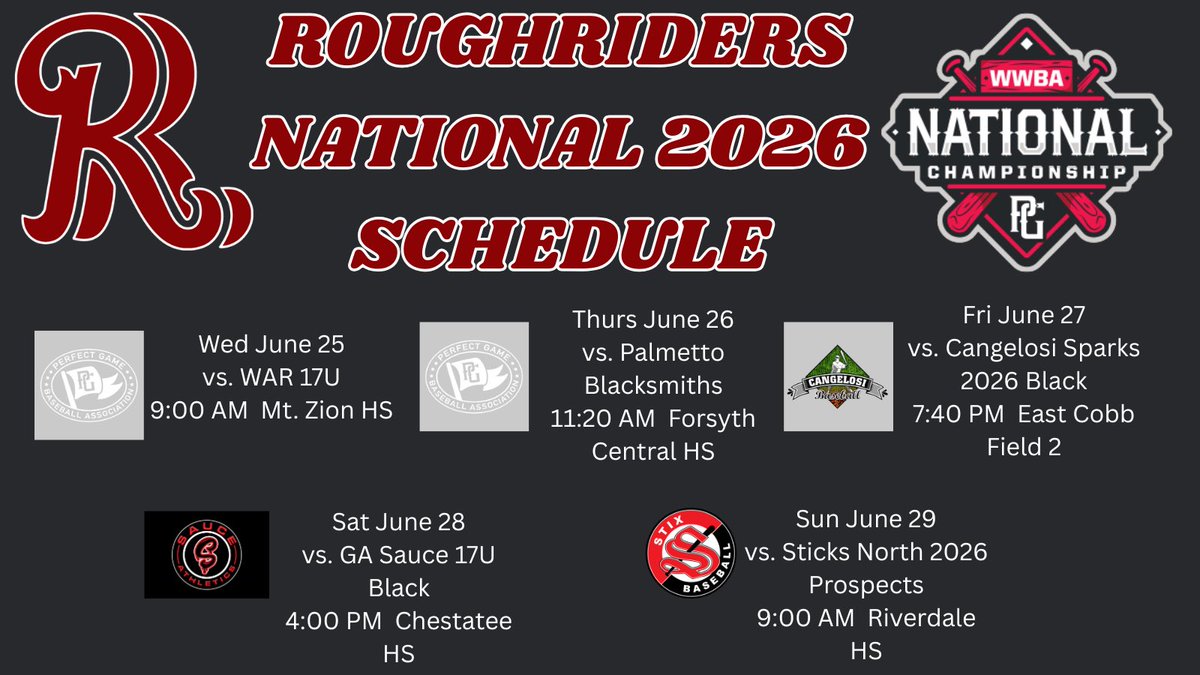 Excited to pitch with RoughRiders National in the WWBA in Georgia this week. I will be starting at 9 AM, 6/25, at Mt Zion High School against War 17u and will throw again in bracket play. 

@roughriders2026 <a href="/JoshGar/">Josh Garcia</a>