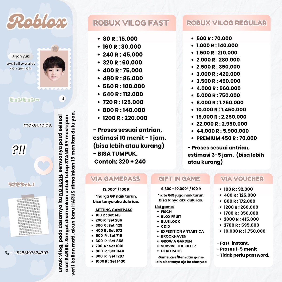 makeuroids's tweet image. Knockie-nock! 🚪💥

Hello! Who’s behind the door? Ada akuuu yang yang bawa pl nih! Aku ridi robux maupun roblox needs kamu dari A sampai Z! 🫡

Testimoni dari semua service aku ada di bio ya, kalau minat bisa langsung WhatsApp atau DM aku iaa. 🐰🤍 #zonauang #zonajajan