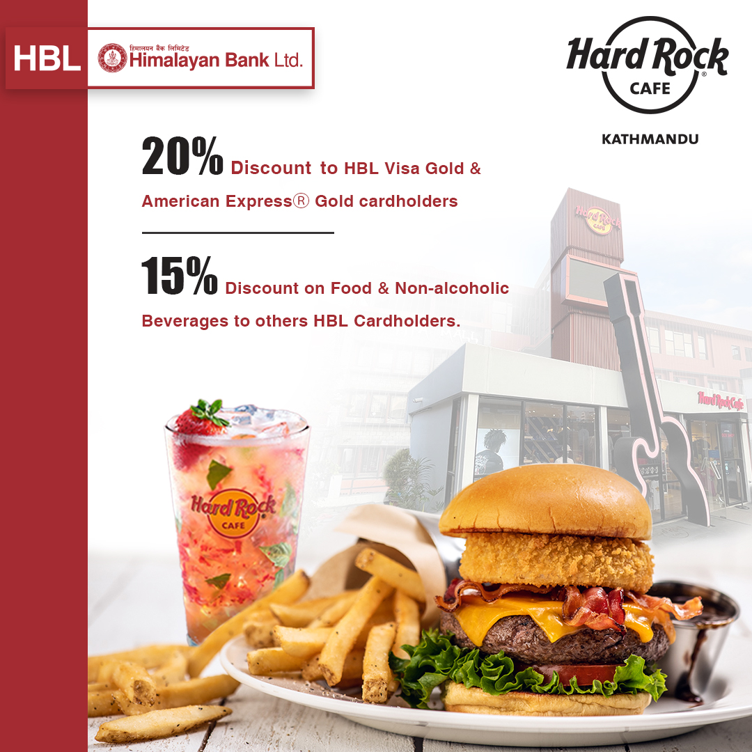 Exclusive Discount for HBL Cardholders!
Get up to 20% off at Hard Rock Cafe, Durbarmarga

#HimalayanBank #CardOffers #HBLPrivileges