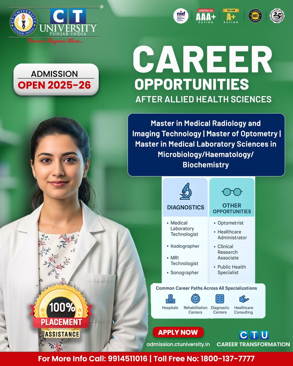 CT_University's tweet photo. Unlock a World of Professional Opportunities in Allied Health Sciences!
CT University invites aspiring healthcare professionals to shape their future with us.
#FutureInHealthcare #ctu #ctuniversity https://t.co/3kTedwzAnK