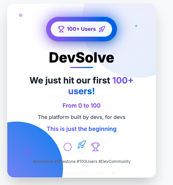 GulsherKhanDev1's tweet photo. What a great day, DevSolve just hit 100+ users! From 0 to 100.

#DevSolve #DeveloperCommunity #CodingJourney https://t.co/fnTMrKi6BO