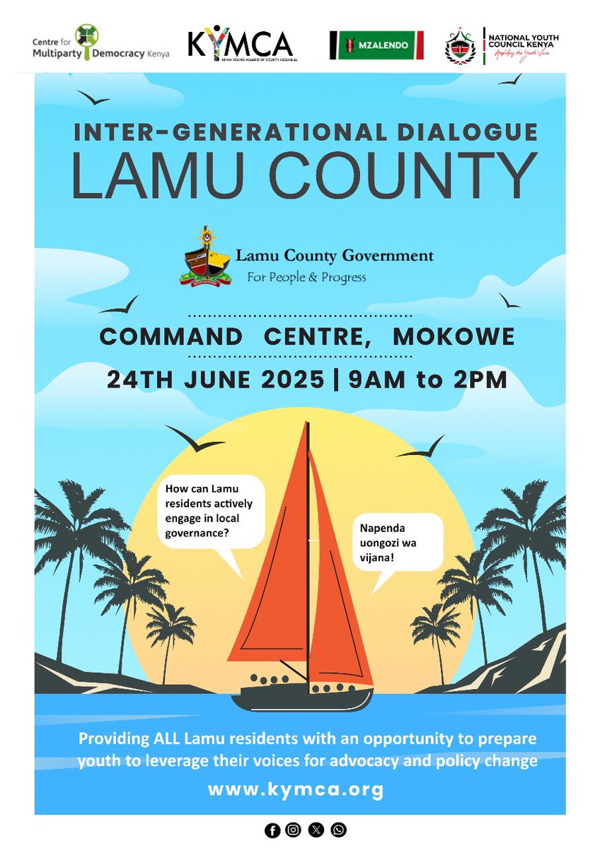 Tupo kwenye Kongamano la Kizazi na Kizazi Lamu, tukikuza ushiriki hai katika utawala wa mitaa. Huu ni hatua muhimu kwa utetezi wa vijana na mabadiliko ya sera.
<a href="/kymcaorg/">Kenya Young Members of County Assemblies (KYMCA)</a> 
<a href="/CMDKenya/">The Centre for Multiparty Democracy Kenya</a>
 <a href="/MzalendoWatch/">Mzalendo</a>