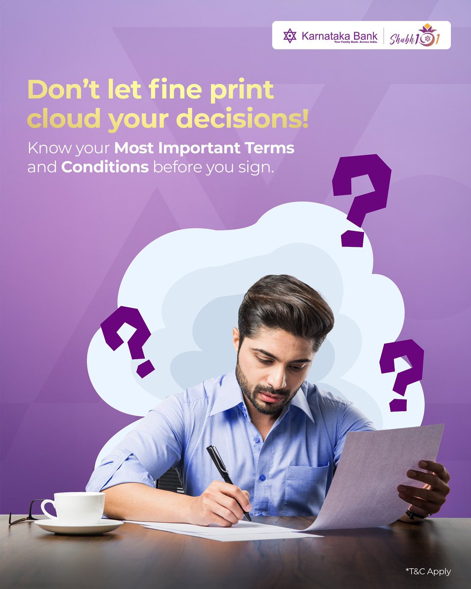 KarnatakaBank's tweet photo. Know what you're signing. Because protecting your future starts with understanding what you're committing to.

[MITC, Most important terms and conditions, precaution] 

#karnatakabank #banking #mitc https://t.co/1uWES2gS3f