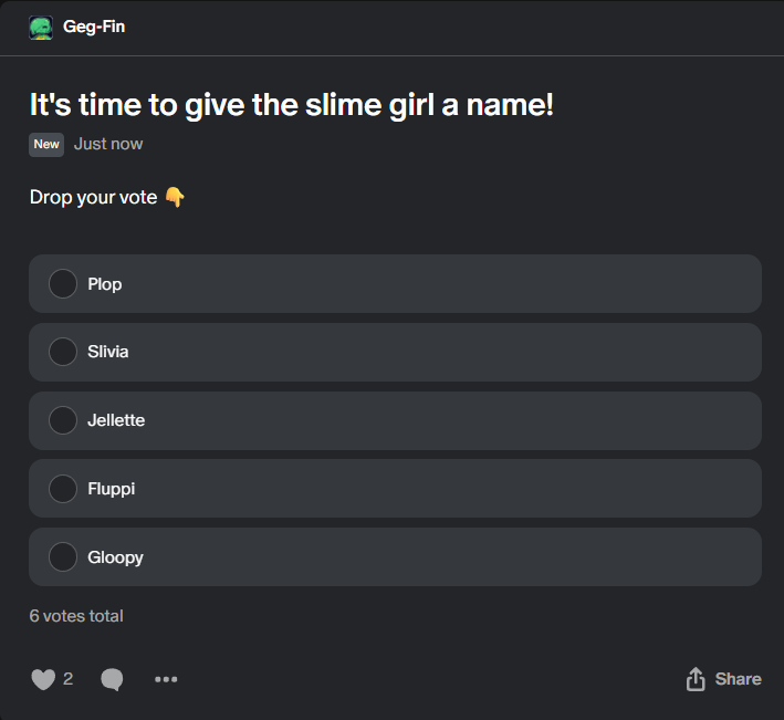 GegFin's tweet photo. If anyone’s curious — we’re picking the slime girl’s name over on Patreon!
Voting’s open to all followers, even free ones 🟢💚
👉https://t.co/c2aLjAxW21👈 https://t.co/dAZMW5Rg2t