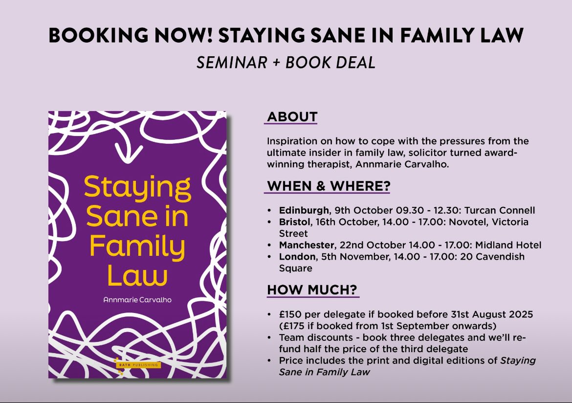 AnnmarieCarvy's tweet photo. Staying sane whilst working in family law…is it possible?!

Excited to be going ‘on tour’ with my first book ‘Staying Sane in Family Law’ on release from 30 Sept. We have 4 training events to launch the book. 

Book early to get the early bird price! https://t.co/VaYcivF9xr https://t.co/LBLsrqlhUw