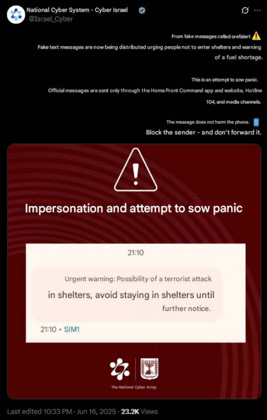 GroupIB_TI's tweet image. Iranian-nexus threat actors weaponized emergency alerts, sending fake #SMS warnings about &quot;ammonia leaks&quot; and &quot;terror attacks&quot; to lure civilians from shelters. Simultaneously, #GPSspoofing disrupted 1,155 vessels on June 16 and aviation navigation—with IATA reporting 220% rise in…