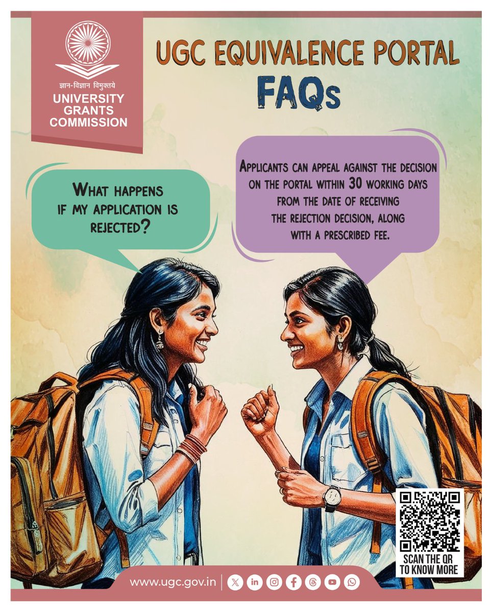 ugc_india's tweet photo. ๐ FAQs on UGC Equivalence Portal
What happens if my application is rejected?
Applicants can appeal on the portal within 30 working days from the date of rejection, along with the prescribed fee.
๐ Visit https://t.co/Y5nmKAVXOS to know more!
#UGC #ForeignQualification #UGCEquivalence #StudyAbroad #HigherEducation #UGCUpdates
