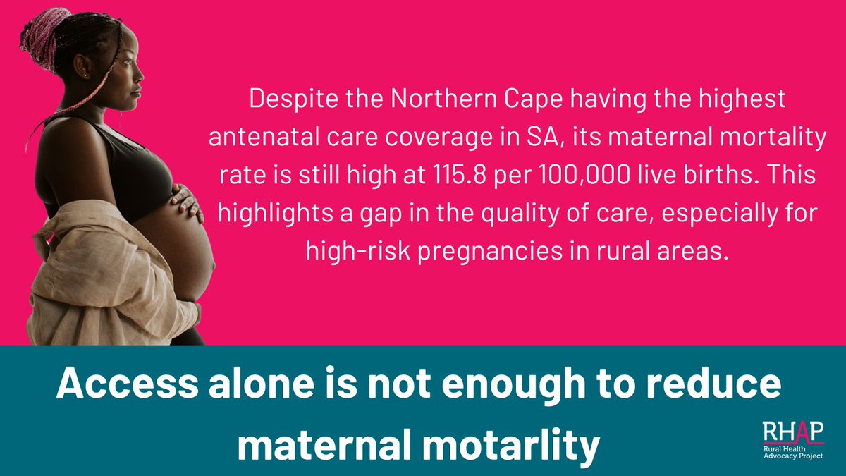 Despite having the highest antenatal care coverage nationally (86.1%), the Northern Cape still records a high maternal mortality rate. This suggests that improving access alone isn’t enough quality of care, especially in rural areas.

Read more: rhap.org.za/wp-content/upl…