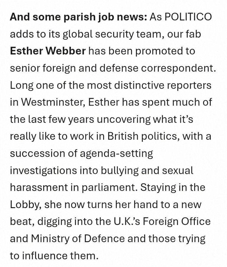 Esther Webber (@estwebber) on Twitter photo Very excited to say I'm going to be taking on a new gig covering foreign policy and defence from the lobby for <a href="/POLITICOEurope/">POLITICOEurope</a>
Apparently there are a few things going on and I can't wait to get stuck in. First up: NATO summit ✈️ Very excited to say I'm going to be taking on a new gig covering foreign policy and defence from the lobby for <a href="/POLITICOEurope/">POLITICOEurope</a>
Apparently there are a few things going on and I can't wait to get stuck in. First up: NATO summit ✈️