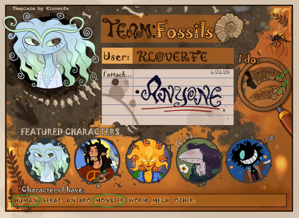 klverfe's tweet image. *rises from my dust-covered crypt*
Here's my card + a free template 
📎 artfight.net/~kloverfe
Happy fighting! #artfight2025 #TEAMFOSSILS 
*dies again*