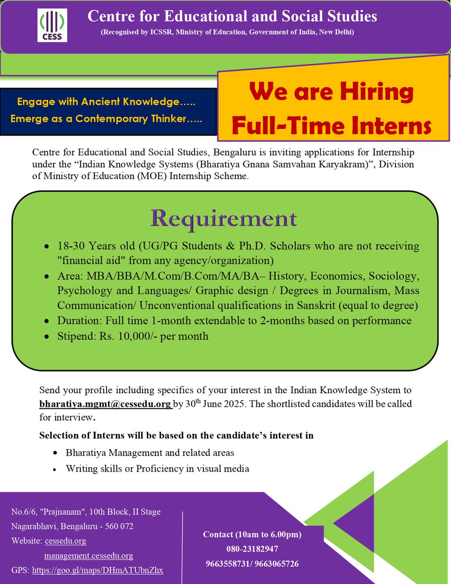 We are calling for Interns!

Following the successful completion of the first round of applications and interviews, we are now inviting a second round of applications for the IKS Internship Programme.

Share your CV on/before June 30, 2025 to bharatiya.mgmt@cessedu.org