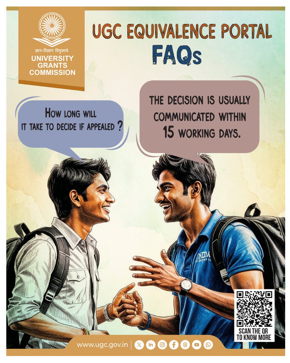 ugc_india's tweet photo. ๐ FAQs on UGC Equivalence Portal
How long will it take to decide if appealed?
The decision on an appeal is usually communicated within 15 working days.
๐ Visit https://t.co/Y5nmKAVXOS to know more!
#UGC #ForeignQualification #UGCEquivalence #AppealProcess #HigherEducation #UGCUpdates