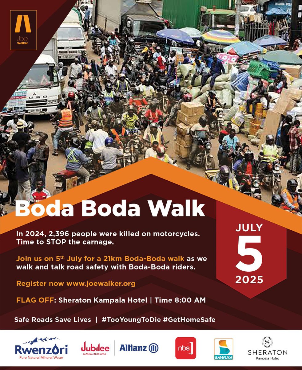 BODA-BODA WALK::In 2024, Motorcycles accounted for 47% of all deaths in road crashes. 

On 5th July, #JoeWalker and friends are joining Boda Boda riders for a 21km Boda-Boda walk! We are walking and talking road safety with road safety experts.

Come join us and let’s take a step
