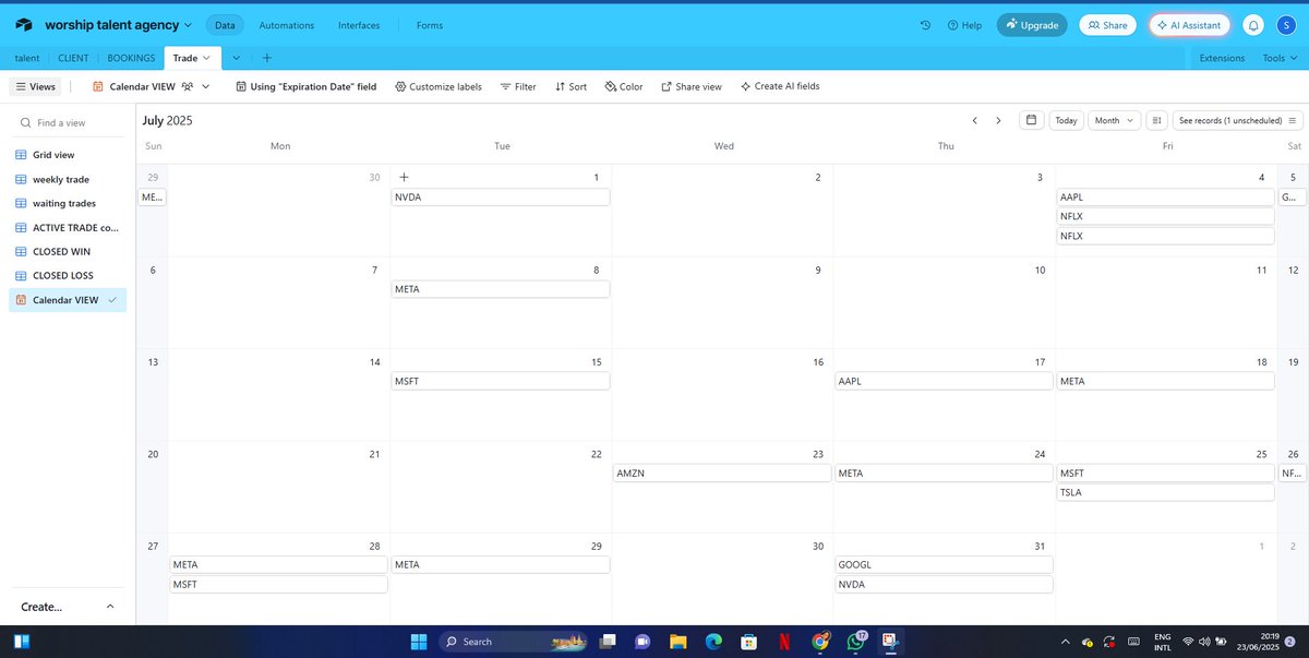 _evasnow's tweet photo. Just turned Slack chaos into a clean Airtable system for a trading coach 🔥
✅ Filtered weekly trade views
 ✅ Status-based dashboards
 ✅ Expiration calendar
 ✅ Fully scalable + Slack-ready
Mock data shown, but the build is real. DM me if you want your own 👇#buildinpublic https://t.co/jSNENKR93p