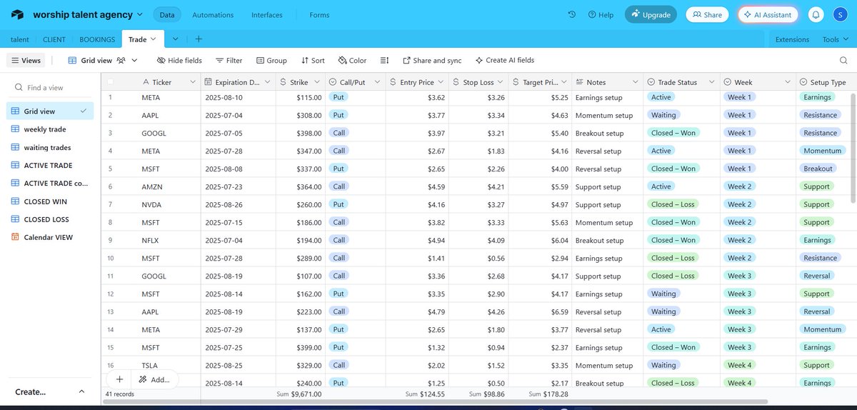 _evasnow's tweet photo. Just turned Slack chaos into a clean Airtable system for a trading coach 🔥
✅ Filtered weekly trade views
 ✅ Status-based dashboards
 ✅ Expiration calendar
 ✅ Fully scalable + Slack-ready
Mock data shown, but the build is real. DM me if you want your own 👇#buildinpublic https://t.co/jSNENKR93p