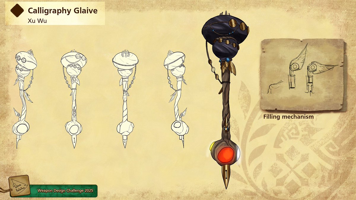 PatEvilness's tweet photo. This is my #WeaponEntry for the #MHWilds Challenge!
Of course I wanted to do a n entry for the Weapon Category!
This Design is the "Calligraphy Glaive" based on the Xu Wu design.
With this glaive you can gather monster fluids and use them as ink to write love letters to Alma <3 https://t.co/cG7vmwBrdr