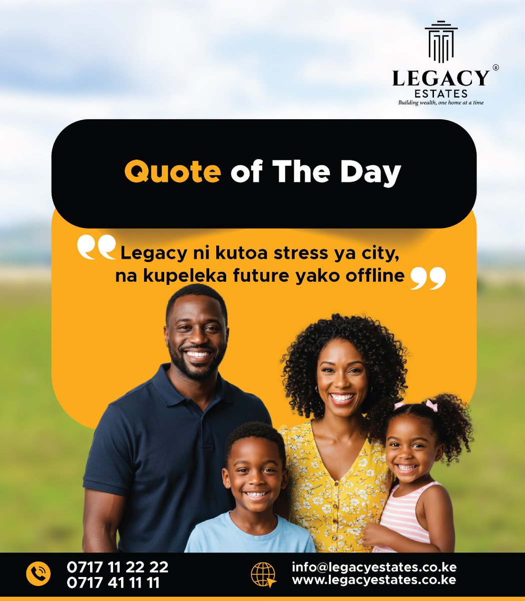 future_fortun's tweet image. Because peace of mind starts with a smart investment.
Let’s help you build your legacy, one plot at a time 

Book a FREE site visit today
📞 0717 11 22 22 | 0717 41 11 11
🌐 legacyestates.co.ke

#LegacyEstates #BuildYourLegacy #RealEstateKenya #AffordableLand #OwnAHomeKE