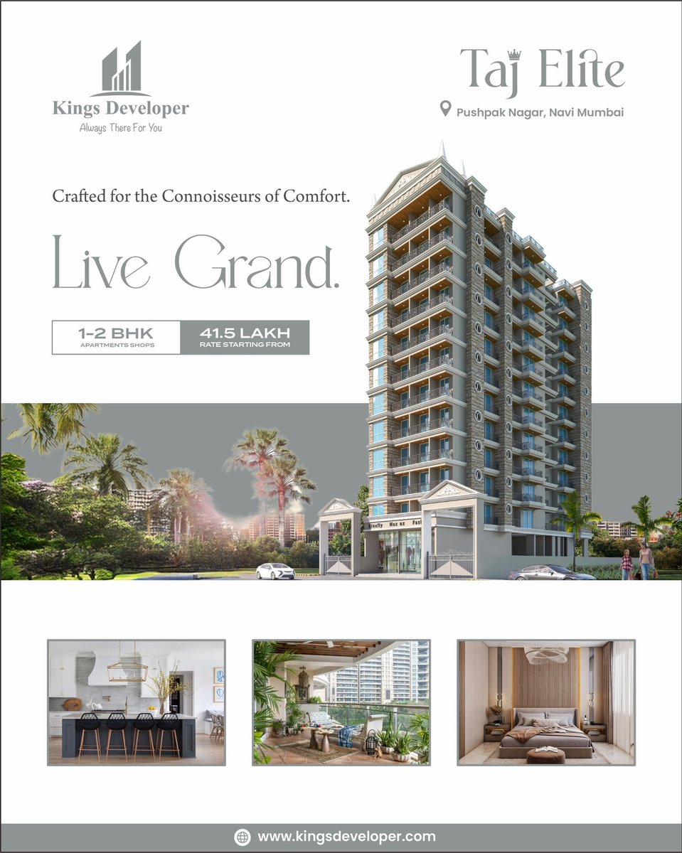 developer_kings's tweet image. 🏙️ Discover premium 1 &amp;amp; 2 BHK homes at Taj Elite, Pushpak Nagar, Navi Mumbai — starting at just ₹41.5 Lakhs!
Crafted for comfort. Designed to impress.
#TajElite #KingsDeveloper #NaviMumbai #LuxuryLiving #RealEstateIndia