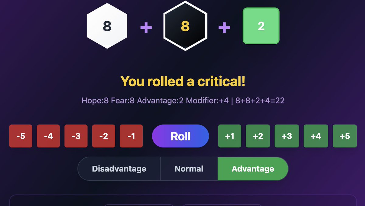 robot55's tweet photo. I created this cute free online Duality Dice roller for #daggerheart .
https://t.co/H0kV9KMPIM
#Criticalrole https://t.co/ZXnnszJOEy