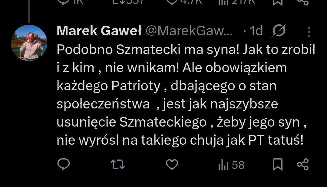 Ciąg dalszy: Groźby karalne i życzenia śmierci pod adresem <a href="/NawrockiKn/">Karol Nawrocki</a>, <a href="/OficjalnyJK/">Jarosław Kaczyński</a>, <a href="/DariuszMatecki/">Dariusz Matecki</a>, partii i środowisk prawicowych. 
Panie <a href="/JacekDobrzynski/">Jacek Dobrzyński</a>, <a href="/PolskaPolicja/">Polska Policja 🇵🇱</a> tyle było mowy o walce z hejtem. Służby znalazły panią od "giń człowieku", to może tego pana też znajdą?
