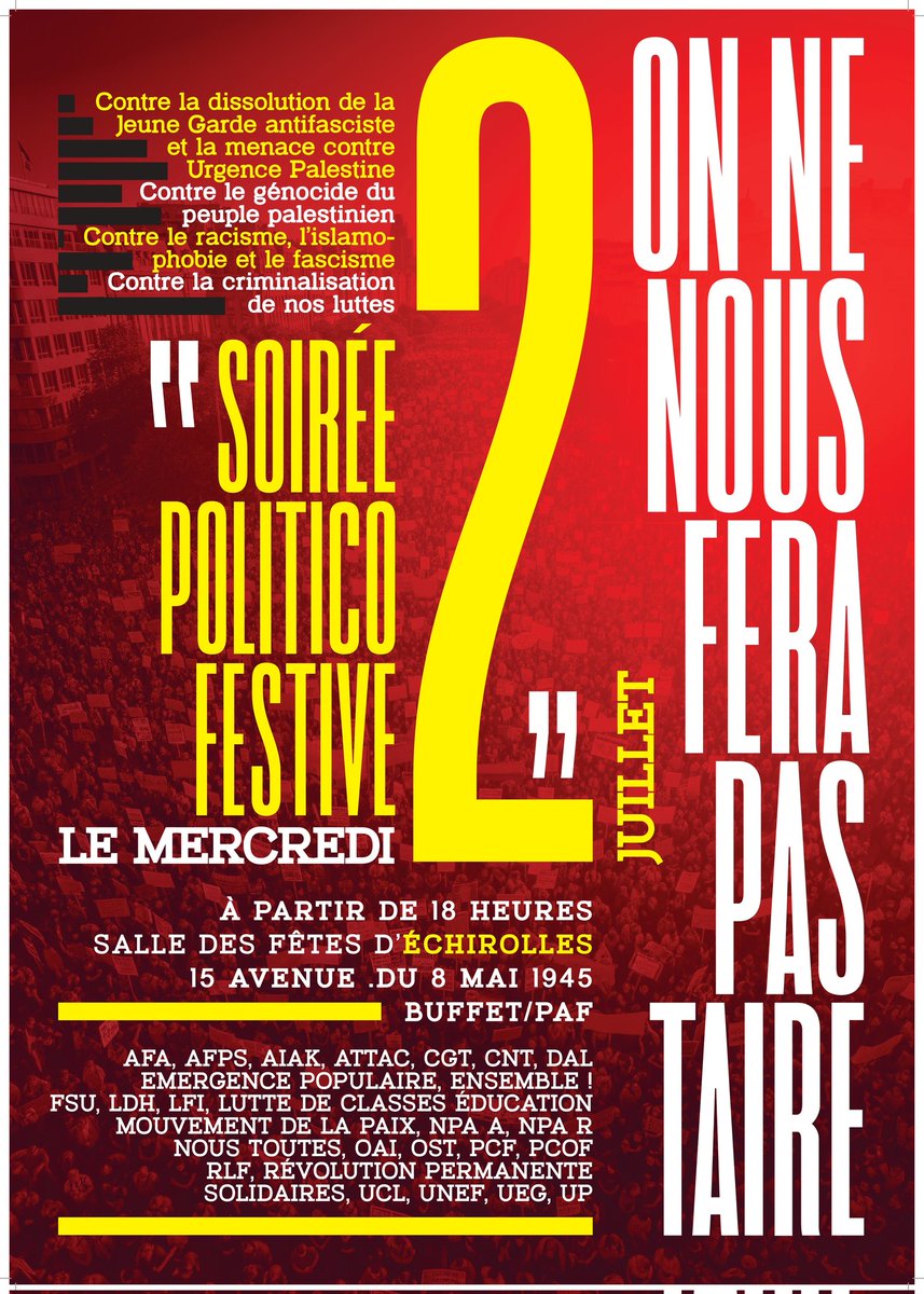 Révolution Permanente Rhône-Alpes (@rp_rhone_alpes) on Twitter photo Contre les dissolutions de la <a href="/jeune_garde/">Jeune Garde Antifasciste</a> et d'<a href="/urgence_pal/">Urgence Palestine</a> faisons front contre la criminalisation de nos luttes !
📍RDV le 2/07 à Echirolles pour une grande soirée : au programme interventions de militant-es antifascistes & antiracistes, pour la Palestine, et concerts ! Contre les dissolutions de la <a href="/jeune_garde/">Jeune Garde Antifasciste</a> et d'<a href="/urgence_pal/">Urgence Palestine</a> faisons front contre la criminalisation de nos luttes !
📍RDV le 2/07 à Echirolles pour une grande soirée : au programme interventions de militant-es antifascistes & antiracistes, pour la Palestine, et concerts !