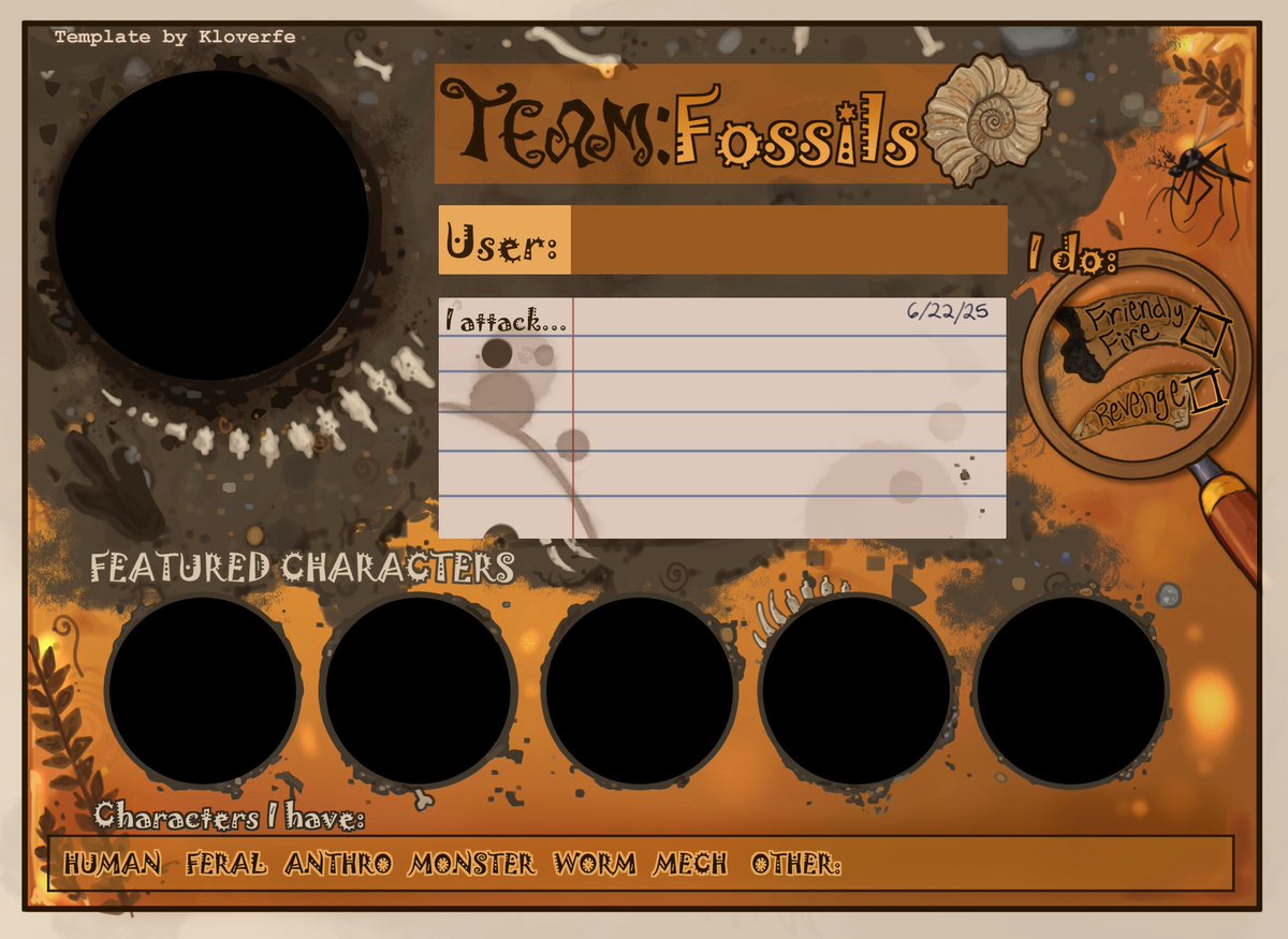 klverfe's tweet image. *rises from my dust-covered crypt*
Here's my card + a free template 
📎 artfight.net/~kloverfe
Happy fighting! #artfight2025 #TEAMFOSSILS 
*dies again*
