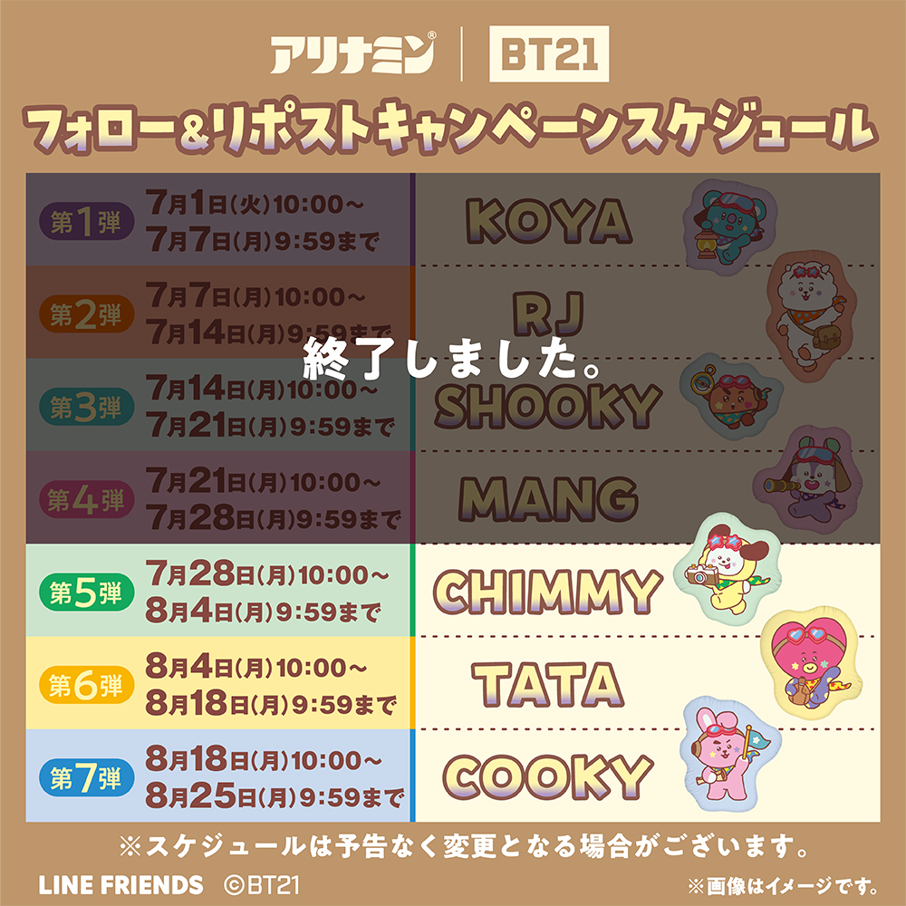 alinamin_jp's tweet photo. #アリナミン #BT21 ずっと、元気に! キャンペーン開催中🎊
X限定でフォロー👨‍👦＆リポスト🔁キャンペーンを実施！✨
第5弾は #CHIMMY 💚のオリジナルクッションが
抽選で１名様に当たる！💚
【参加方法🖋】
①@alinamin_jpをフォロー✅
②この投稿を🔁✅

#ずっと元気に　#TheJourney

ほかにも
買って当たる！買ってもらえるキャンペーンも実施中！

▼対象商品やキャンペーンの詳細は、
　　画像をタップしてWEBサイトをチェック！
