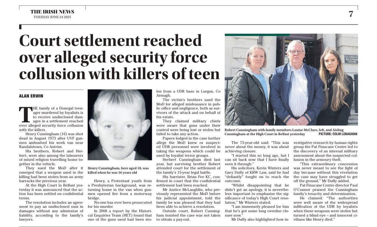 KRWLaw's tweet image. Henry Cunningham
In 2008 a HET report found that one of the guns used had been stolen from a UDR base in Lurgan, Co Armagh.
Henry’s brothers sued the MoD for alleged misfeasance in public office and negligence, both as survivors of the attack and on behalf of his estate.