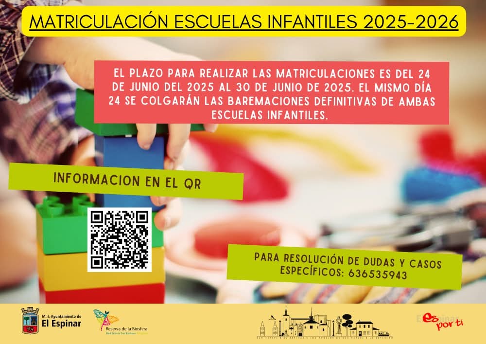 El plazo para realizar las matriculaciones es del 24 de junio del 2025 al 30 de junio de 2025. El mismo día 24 se colgarán las baremaciones definitivas de ambas escuelas infantiles.

Resto de información en: 
elespinar.es/matriculacion-…