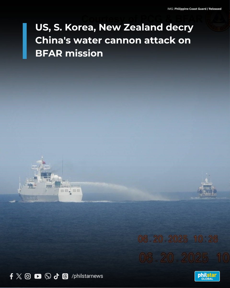 INTERNATIONAL CONDEMNATION

The embassies of the United States, South Korea and New Zealand have expressed concern over the China Coast Guard's use of a water cannon against a Philippine patrol vessel near Scarborough Shoal (Bajo de Masinloc) last week.

Read: