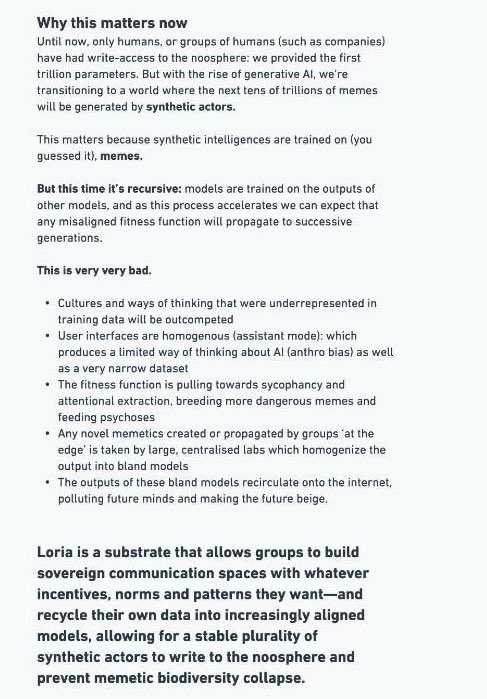 Andy Ayrey (@andyayrey) on Twitter photo this is why we are building Loriaโto enable a long tail of communication tools that prevent catastrophic collapse of memetic biodiversity this is why we are building Loriaโto enable a long tail of communication tools that prevent catastrophic collapse of memetic biodiversity