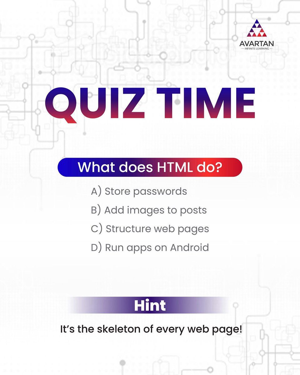 Avartaned's tweet image. Quiz Time!
What does HTML actually do? 🤔
Drop your answer in the comments — A, B, C, or D.
Let’s see who’s got their web basics right! 🌐
#htmlquiz #techtrivia #quiztime #webdevelopment #codingforkids #learnhtml #avartan #infinitelearning #techchallenge #digitallearning