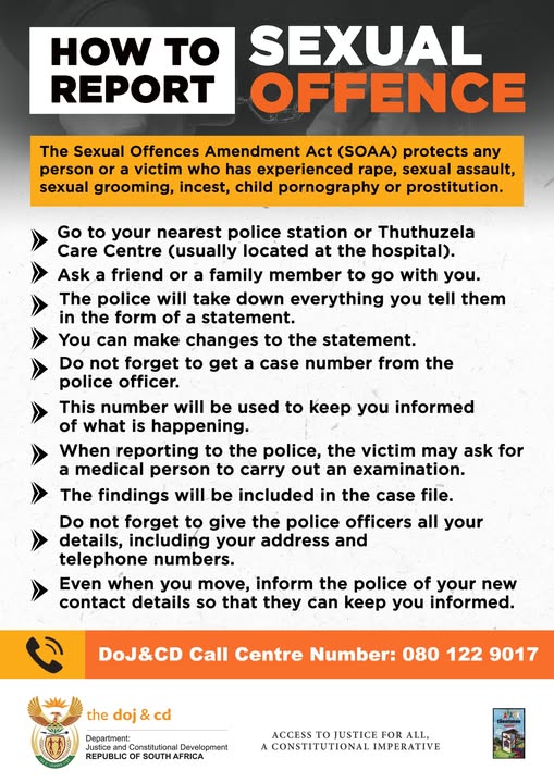 Know Your Rights | How to Report a Sexual Offence
If you or someone you know needs help, here’s what to do.
📍 Report at your nearest police station or Thuthuzela Care Centre
📞 Call the DoJ&amp;CD Call Centre: 080 122 9017
#EndGBV