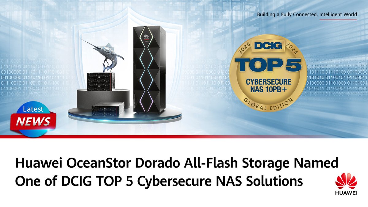 IT_Huawei's tweet photo. 🏆 Huawei's #OceanStorDorado #AllFlashStorage has earned a spot in the 2025-26 DCIG TOP 5 Cybersecure 10PB+ NAS Solutions Report, recognized for its outstanding data resilience and NAS capabilities. We're proud of this achievement, but we're not stopping there. Expect even better performance, higher availability, and continuous innovation. Read more: https://t.co/O3TIJdeJl2
#HuaweiStorage #HuaweiNews #DCIG