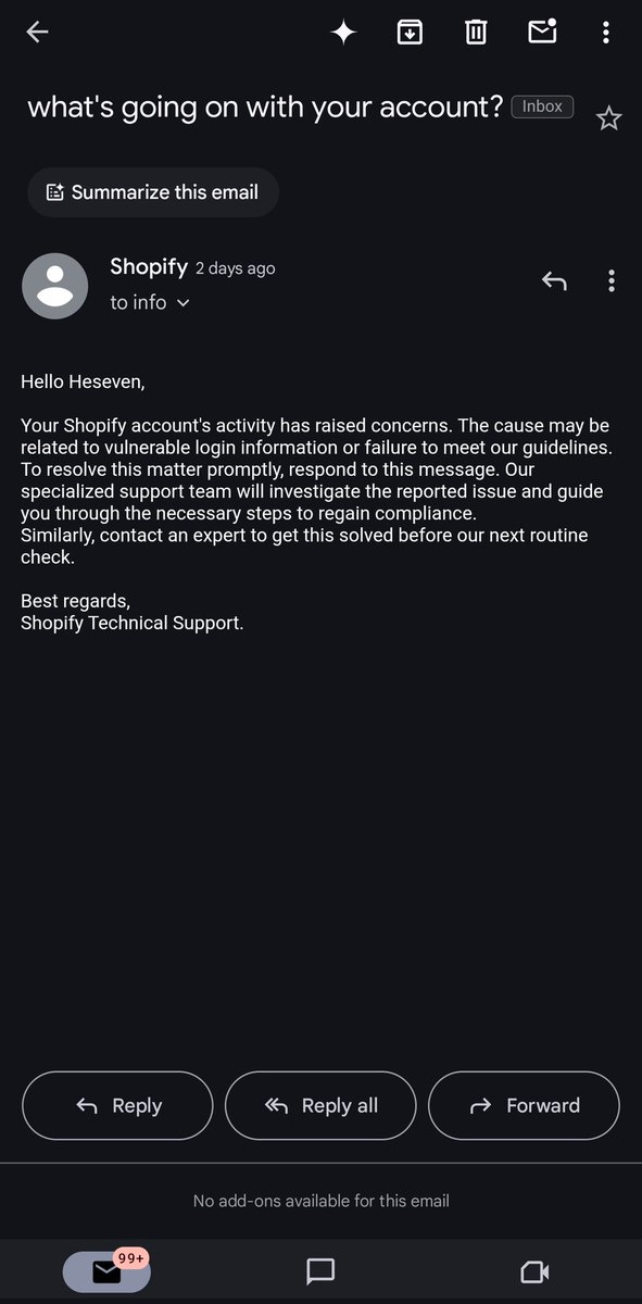 dhirajecom's tweet image. Shopify store owners, looks like scammers have taken a crash course in branding. Got couple of “official” email from “Shopify” warning about a store issue. Super legit except it’s not. Sharing the screenshots. Don’t fall for it.