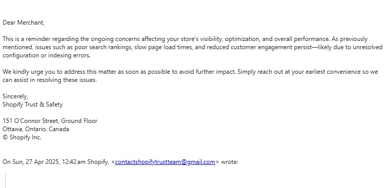 dhirajecom's tweet image. Shopify store owners, looks like scammers have taken a crash course in branding. Got couple of “official” email from “Shopify” warning about a store issue. Super legit except it’s not. Sharing the screenshots. Don’t fall for it.