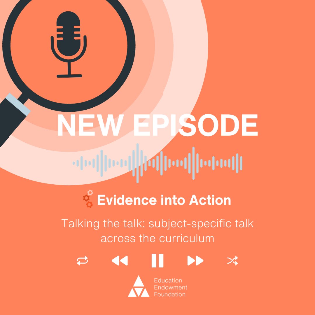 🎧 New episode of Evidence into Action out now!

We’re diving into the power of subject-specific talk across the curriculum with guests <a href="/ShareenAdvice/">Shareen Wilkinson FCCT</a>, <a href="/lamb_heart_tea/">LambHeartTea (she/her)</a> &amp; Rachel Dixon from @pinnacleLTRS.

🎙️ Don’t miss it: eef.li/ncmzDB

#OralLanguage