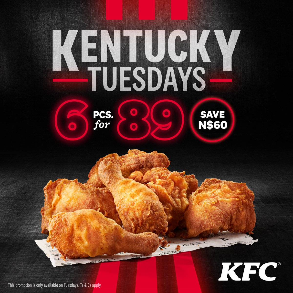 TUESDAY only! Get 6 pieces of Original Recipe chicken for N$89, Tuesday only!
Available at all KFCs! 
Order for delivery on our website bit.ly/4nk0xMe