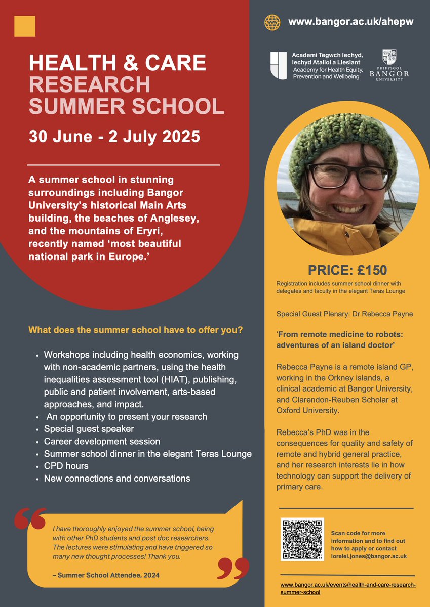 There are a few spaces left to sign up for our amazing Health &amp; Care Research Summer School bangor.ac.uk/events/health-…